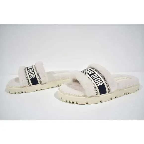 Christian Dior Dway Blue White Shearling Fur Logo Chunky Slide Flat Sandal 41